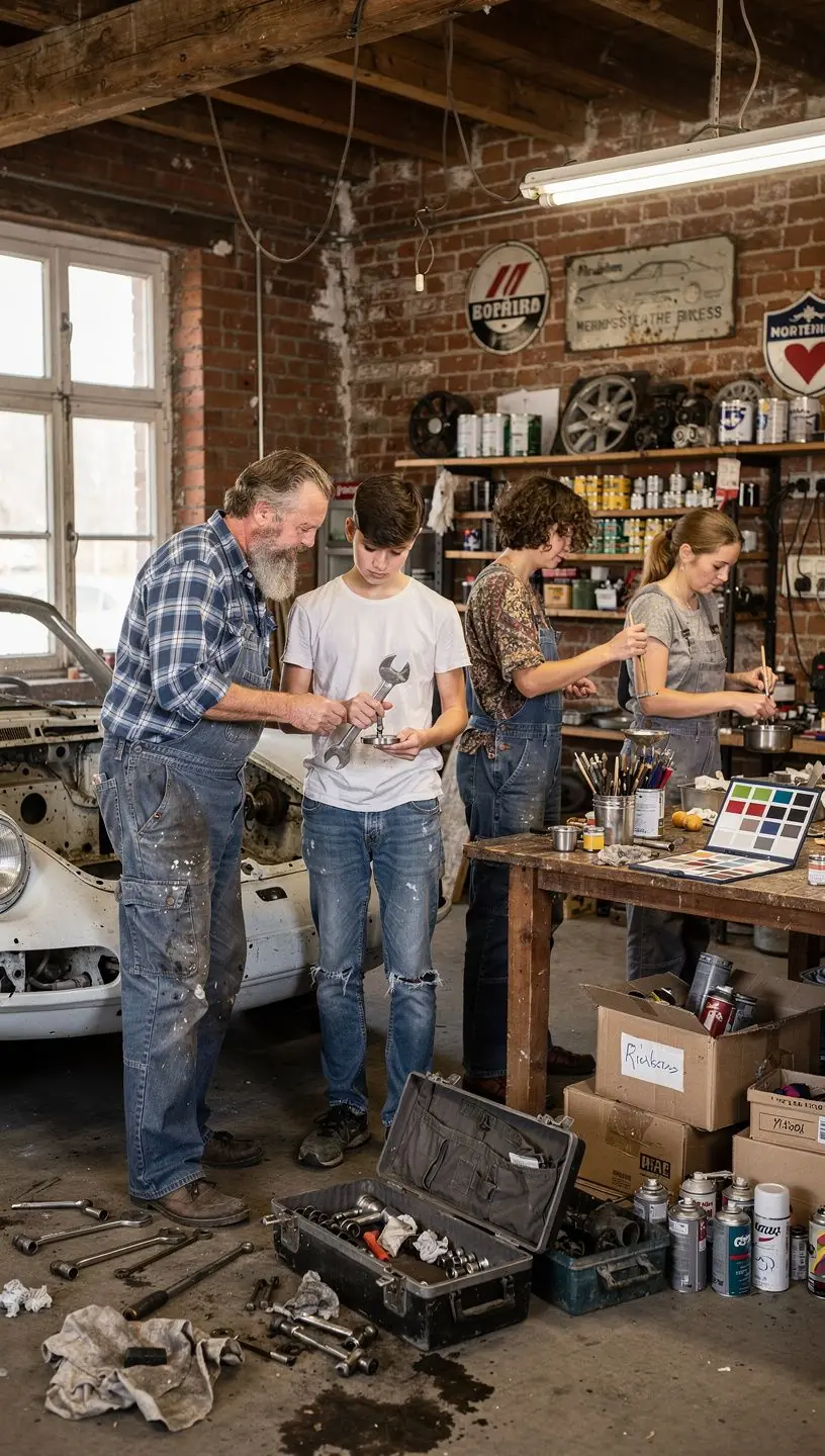 Fahrzeuglackierer trägt präzise neue Lackschichten auf eine Autokarosserie auf, um den Originalzustand wiederherzustellen.