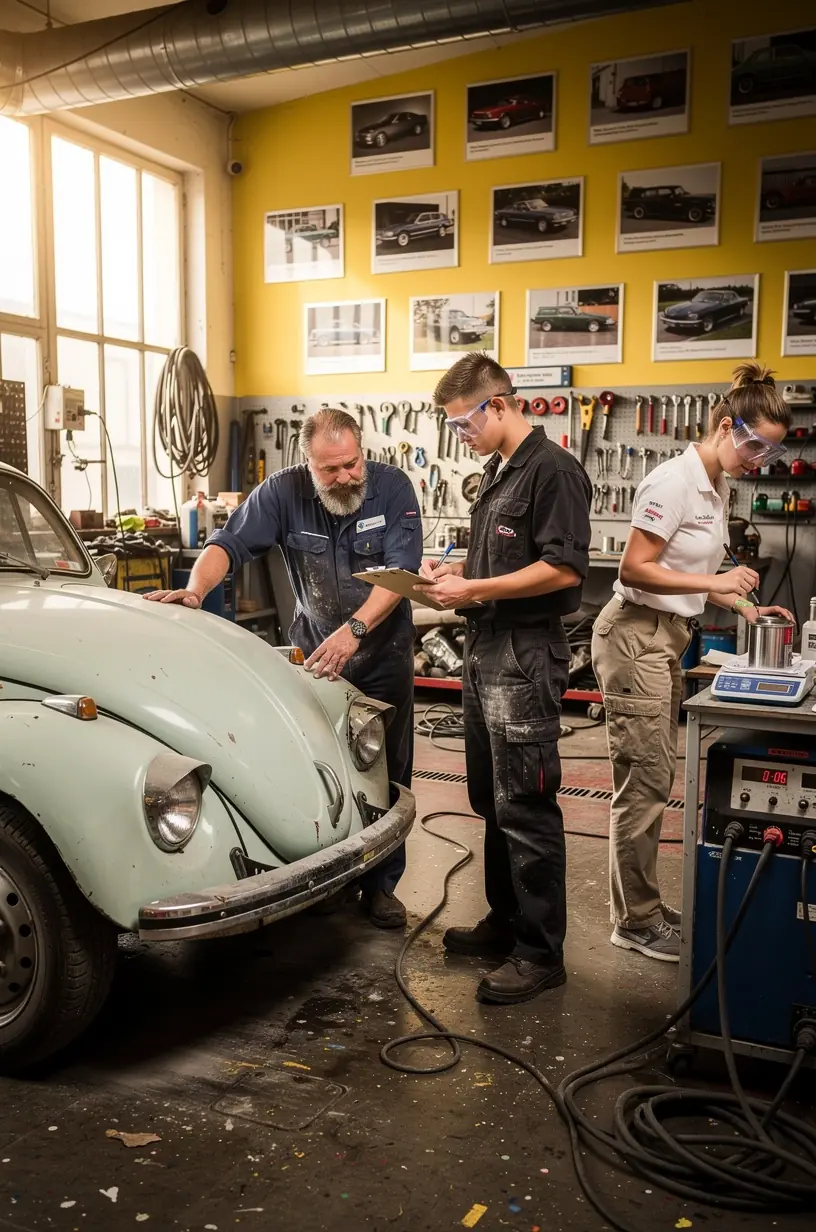 Experten für Fahrzeugrestaurierung führen sorgfältige Reparaturen an einer beschädigten Karosserie durch, um Wert und Funktionalität zu sichern.
